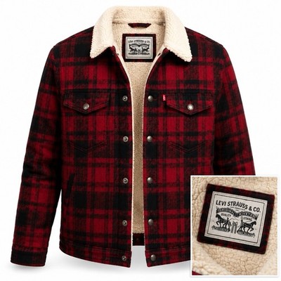Levi s Sherpa Lined Trucker Jacket Mens M Red Black Plaid Buffalo Warm Flannel 