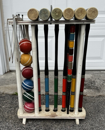 Vintage 6 Player Croquet Set Wood Rack Set Complete Mid Century Rademaker Style