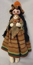 13" Peruvian Cloth Doll Woven Clothes W/ 2 Babies Peru Ethnic Travel Souvenir 