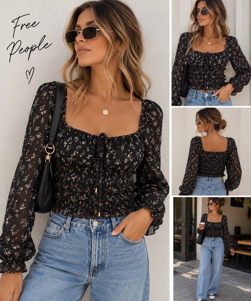 Free People Black Floral Smocked Corset Top | Y2K Boho | S