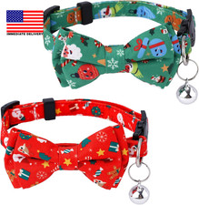 2Pcs Christmas Bow Tie Cat Collar with Bells, Snowman Cat Collar Xmas Accessorie