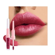 evpct Burgundy Plum Red Metallic Glitter Lip Liner and Lipstick Combo Lip Glo...