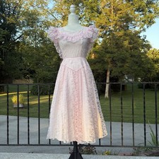 Vintage 80s Pink Lace Princess Fairy Prom Garden Party Dress Tea Length Size 5