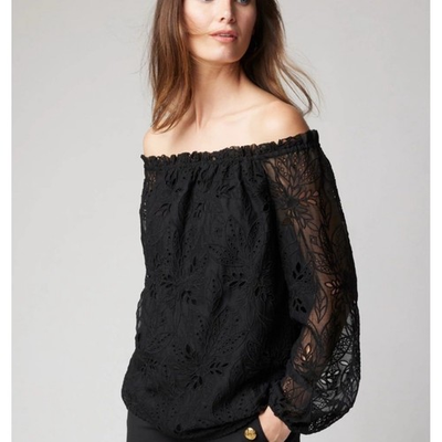#ad #ad White House Black Market Eyelet Off Shoulder Top Black Blouse Size M $35.00
