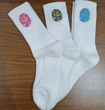BAPE A Bathing Ape Crew Socks 3 Pack White Pink Blue Camo Logo Streetwear NWT