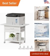Elegant 2-Tier White Printer Stand with Fabric Drawers Wheels for Home Office