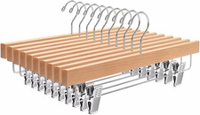 10 Pack Natural Wooden Pants Hangers with Clips, Wood Skirt Hangers Trouser Hang