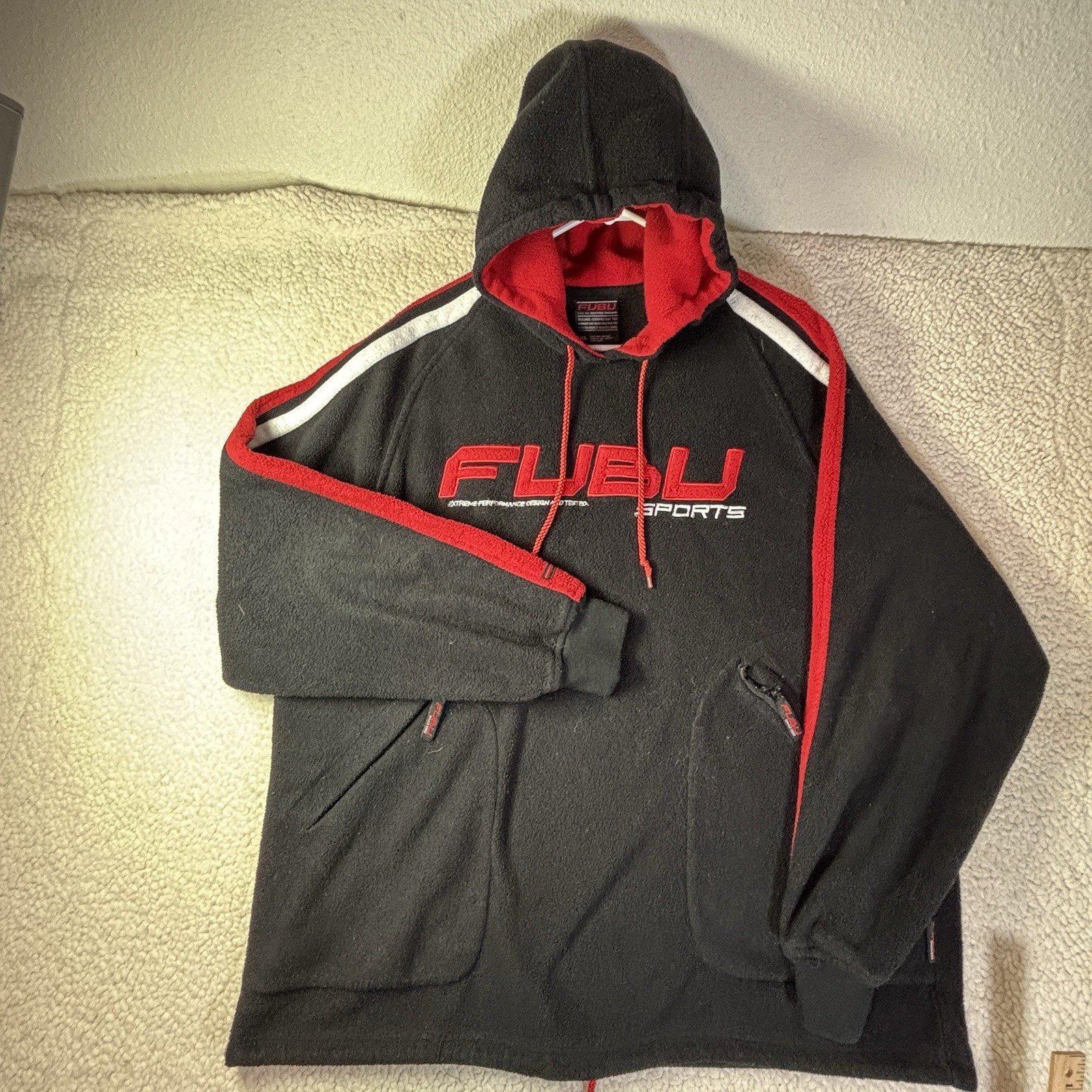 Vintage XL Fubu Sports Hoodie Y2K Late 90s Kangaroo Pouch Red Black Embroided