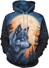3D Wolf Hoodie Full Moon Forest Print Pullover Sweatshirt Unisex