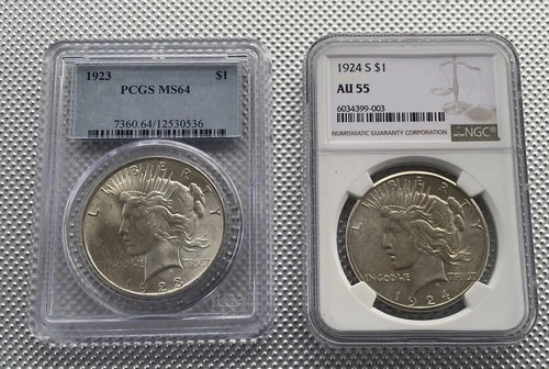 Two Peace Dollars, Graded, 1923 PCGS MS64 & 1924 S NGC AU55, US Coins, Silver