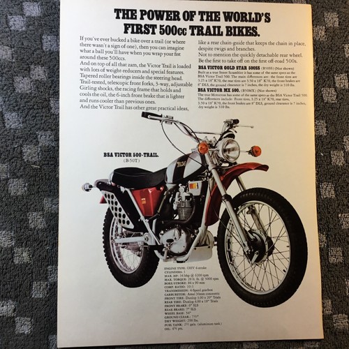 1971 Victor 500-Trail BSA Motorcycle. Full page vintage Ad.