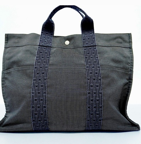 HERMES Fourre Tout Black/Gray Canvas Tote Gray Handle Handbag Satchel Authentic