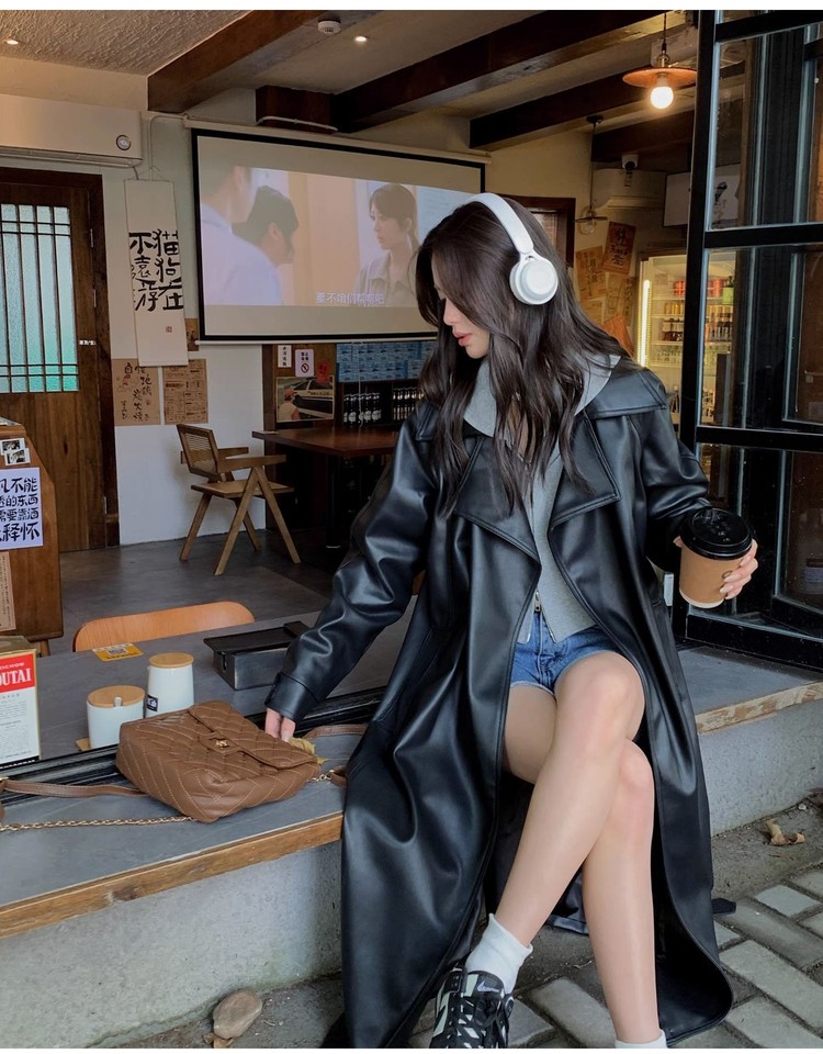 Retro Suit Collar Loose Jacket Black PU Windbreaker Coat Women's