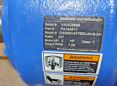 NEW SUMITOMO 3 HP GEAR/BRAKE MOTOR / CHHMS3-6175DC-AV-B-231 230
