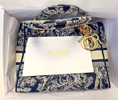 Dior lady D-lite bag medium Navy Blue/Cream toile de jouy authentic 50-MA-1109