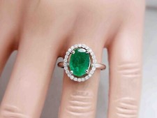 925 Sterling Silver 2.20 Ct Oval Cut Lab Created Green Emerald Halo Women's Ring