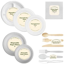 Bagasse Paper Plates 7" 9" Disposable Plates White Party Wooden Cutlery Napkins