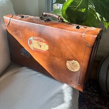 Antigua Maleta de Cuero Marrón Equipaje Vapor Baúl Adhesivo Viaje Tren Estuche