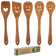 5 Pack Smiley Wooden Spoons Set Kitchen Utensils Spatula for Cooking