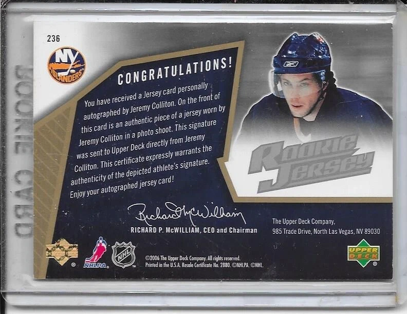 2005-06 SPx Jeremy Colliton Rookie Jersey Auto # 236 #d/1999 - Image 2 of 2