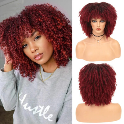 Short Kinky Curly Wig With Bangs For Black Women African Ombre Burgundy Red