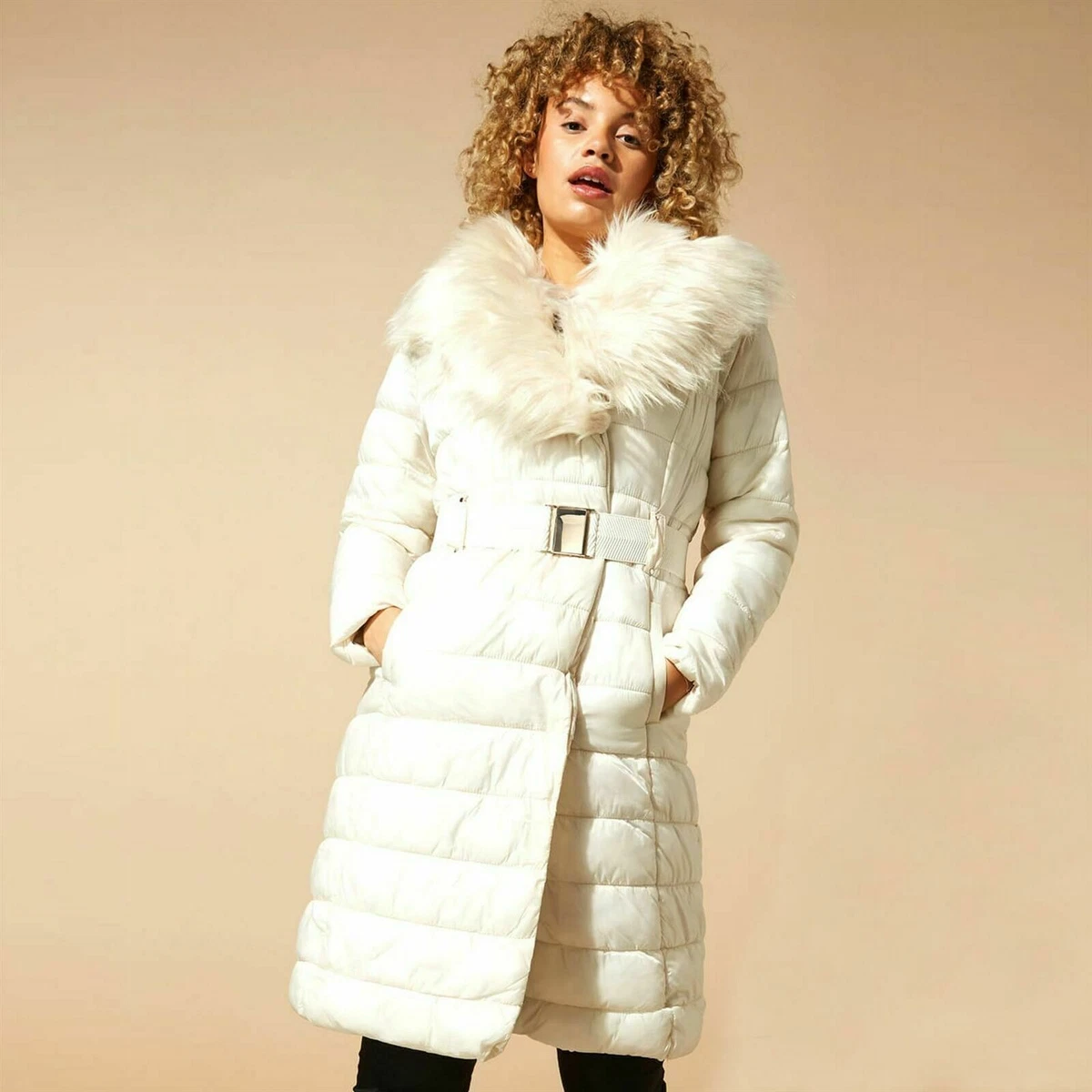 F F Winter Cream Faux Fur Trim Coat Quilted Padded Belted Longline Size 18 20 22
