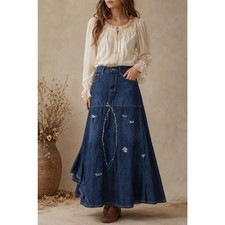 NWT Prairie Denim Long Skirt Sz 28 Coastal Cowgirl Boho Modest Frayed Asymmetric