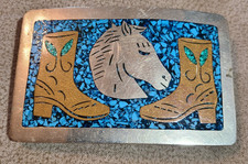 Turquoise And Silver-Color Horse Cowboy Boots Western Motif Belt Buckle Mexico
