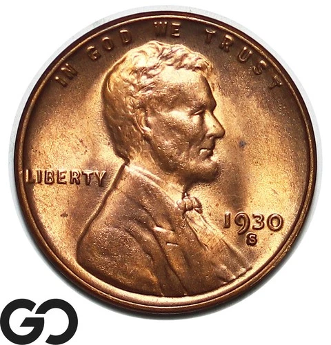 1930-S Lincoln Cent Wheat Penny, Lustrous Red, Solid Gem BU++ RD