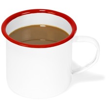 Set of 6 Enamelware Metal 12 Oz Round Coffee Tea Mug with Handle, White/Red Rim
