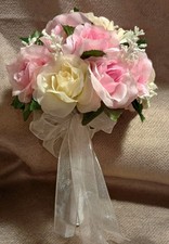 NEW Artificial Pink/Off White Roses Bride/Wedding Round Clutch Bouquet