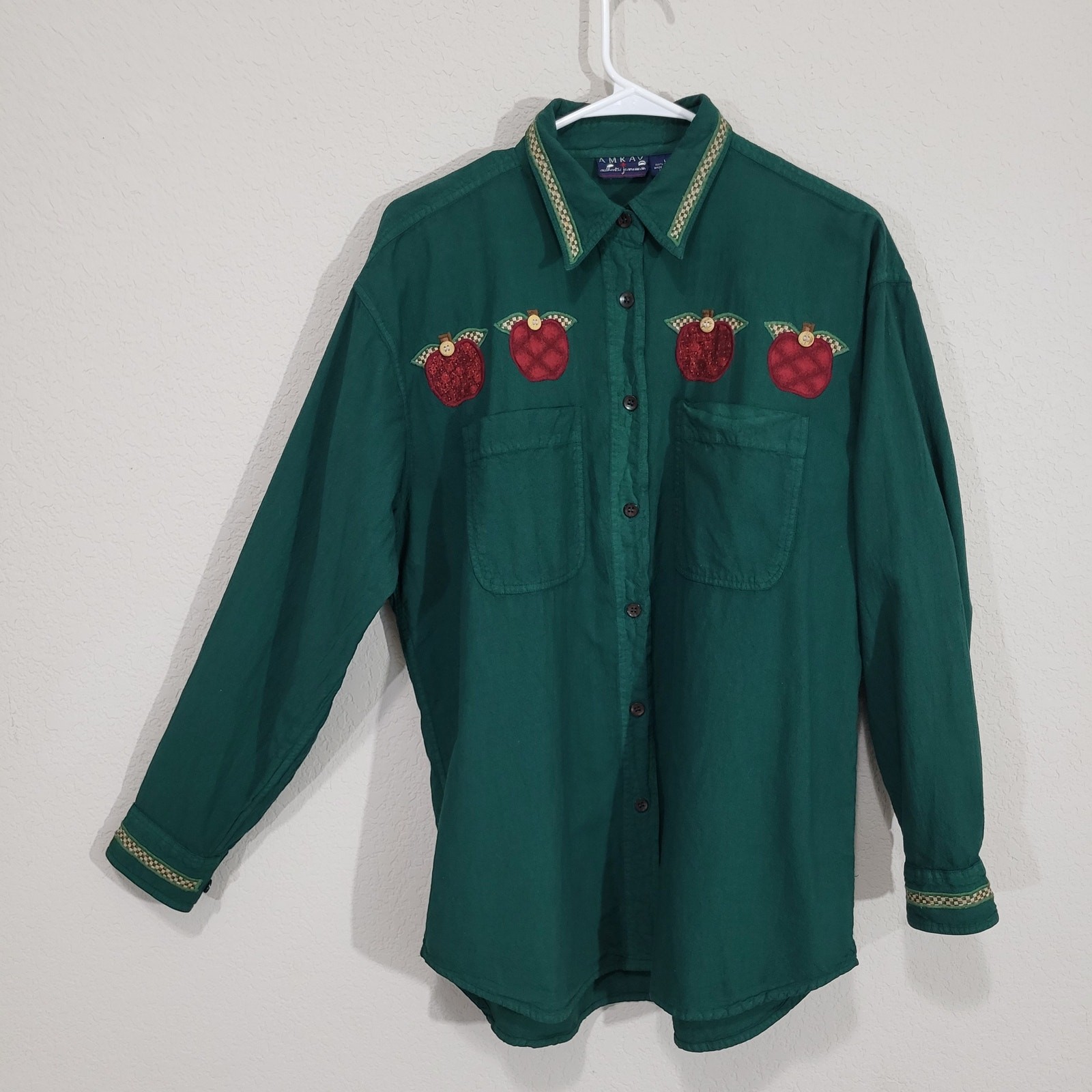 Amkav Apple Applique Button Down VTG Shirt Women Large Green Cotton Long Sleeve