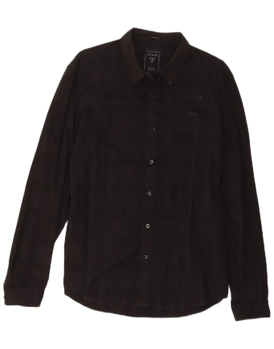 Camisa ajustada grande de algodón a cuadros negros Guess para hombre EC58