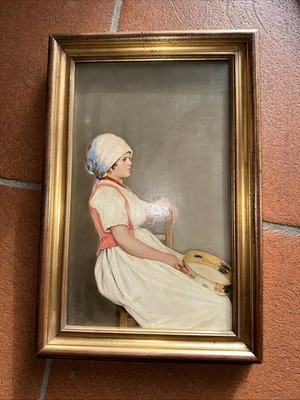 Gemälde mir Rahmen Öl auf Holz  Achille Mollica Mädchen mit Tamburin