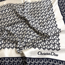 Christian Dior Silk Scarf 25in Trotter Monogram Logo Pattern Navy White