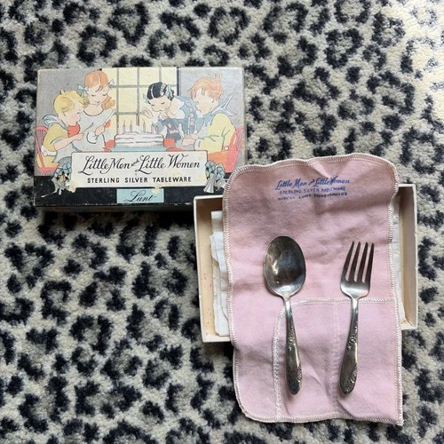 Lunt Sweetheart Rose Sterling Silver Baby Spoon & Fork Set Little Men Women Box