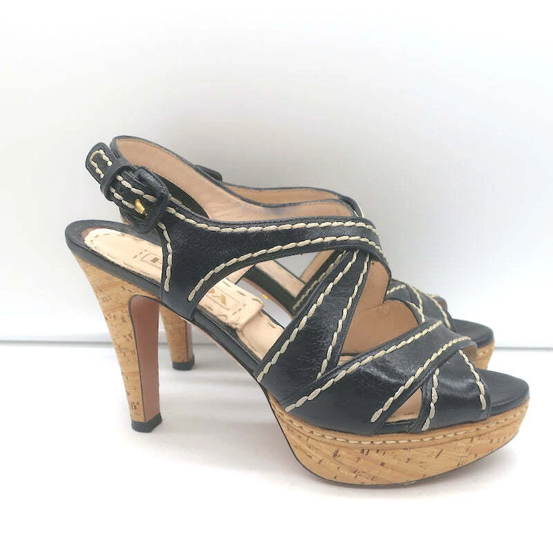 Sandalias Prada con plataforma de corcho entrecruzadas de cuero negro talla 36,5 tacones con cordones Foto 2 de 4
