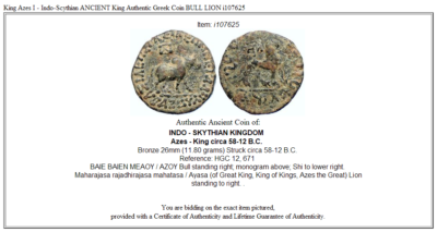 King Azes I - Indo-Scythian ANCIENT King Authentic Greek Coin BULL