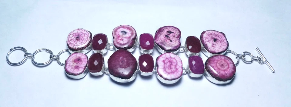 Pulsera de piedras preciosas hecha a mano de ónix de cuarzo solar superior pulsera de joyería tamaño 8 pulgadas Foto 2 de 4