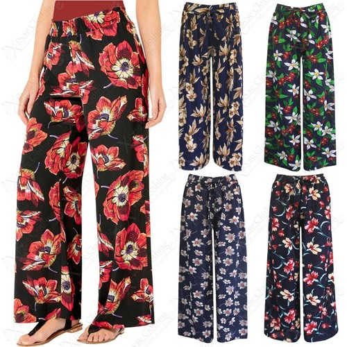 Mujer Estampado Floral Plisado Pantalones Palazzo Largo de Campana Look con  | eBay