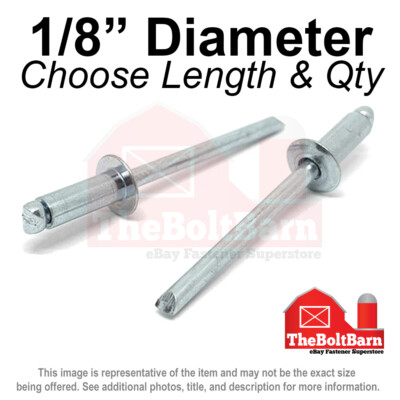 1/8'' Dome Head Blind Pop Rivets Aluminum/Aluminum Mandrel Plain (Pick Size &Qty)