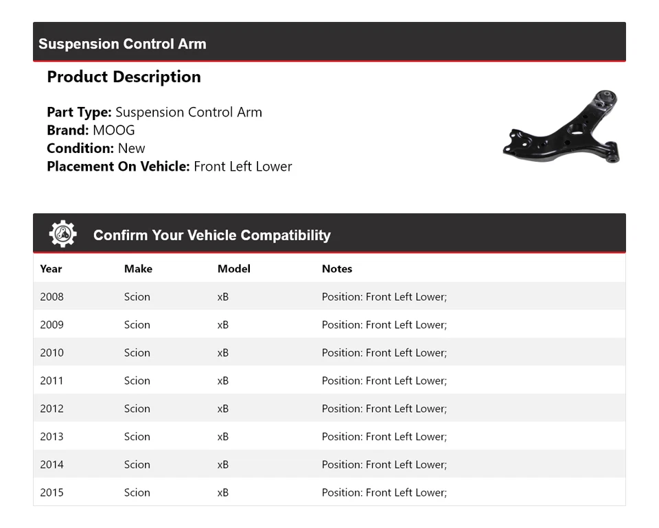 Brazo de control de suspensión delantero izquierdo inferior MOOG 2008-2015 Scion xB 2008 2009 Foto 2 de 4
