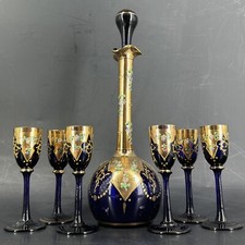 7 teiliges Likörset mundgeblasene Karaffe 6 Port Sherry Gläser Kobaltblau Gold