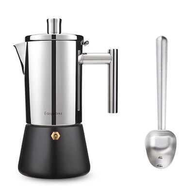 Easyworkz Stainless Steel Moka Pot 10oz & Long Hollow Handle Measuring Spoon 7g