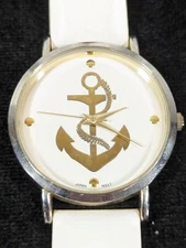 Charming Charlie Ship Anchor Dial Round Gold Tone Case White Band Watch
