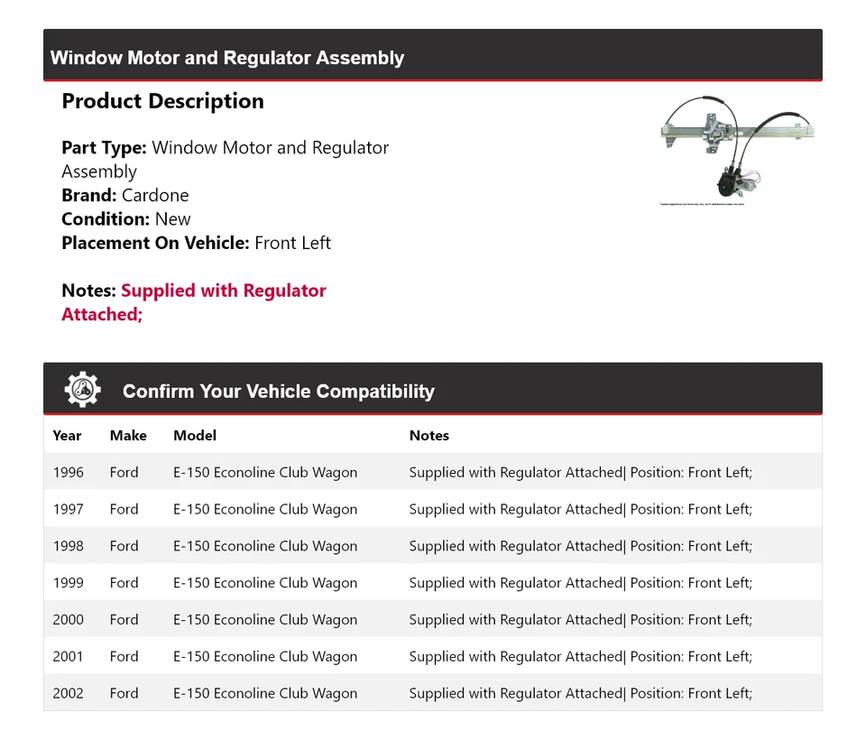 Ford E-150 Econoline Club Wagon 1996-2002 ventana motor/regulador cardone Foto 2 de 4