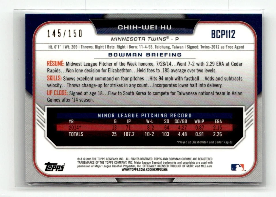 2015 Bowman Chrome Blue Refractor /150 ChiH-Wei Hu #BCP112 - Image 2 of 2