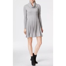 Calvin Klein Cowl Neck Sweater Dress L Silver Gray Pleated Knit Long Sleeve