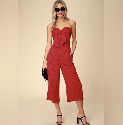 Lulu s Nectar Red Print Strapless Tie-Front Jumpsuit