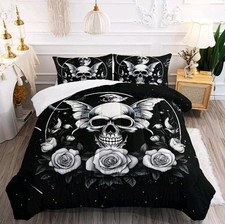 Queen Skull And Roses Moth Moon Comforter And Pillowcase Set Black And White
